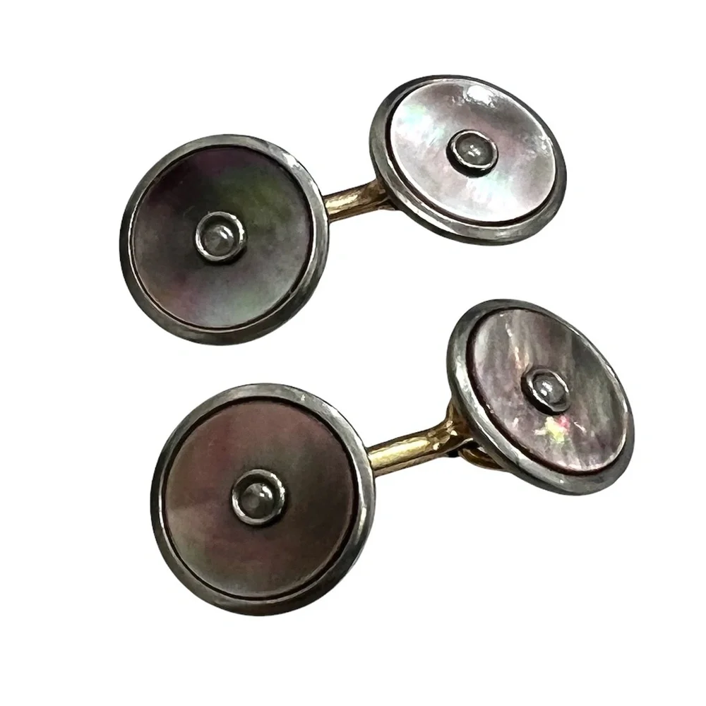 ANTIQUE LARTER & SONS MOTHER OF PEARL/ABALONE ROLLED GOLD DOUBLE SIDED CUFFLINKS